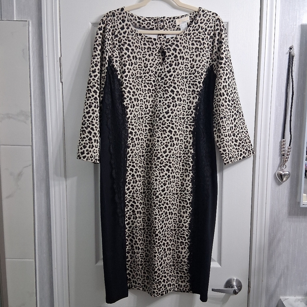 Alessa W Leopard & Lace Dress Slimming Side Panels Lace Detail Keyhole Zip Back